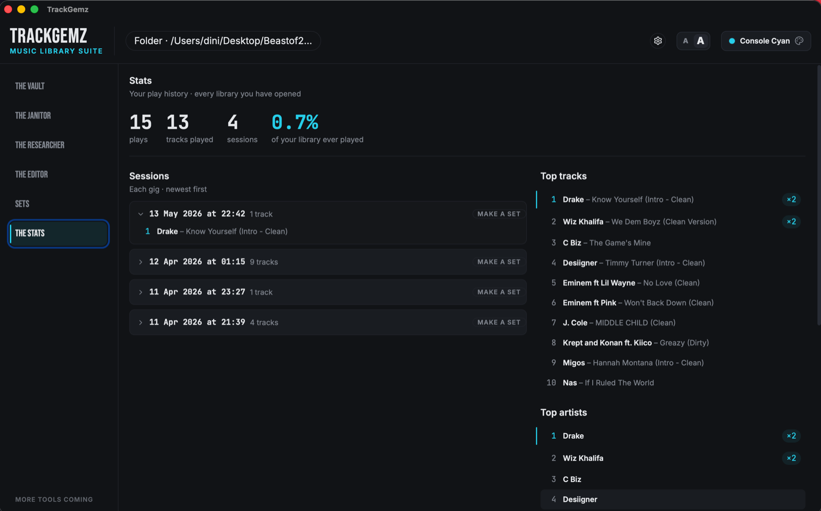 The Stats play history with sessions and top tracks